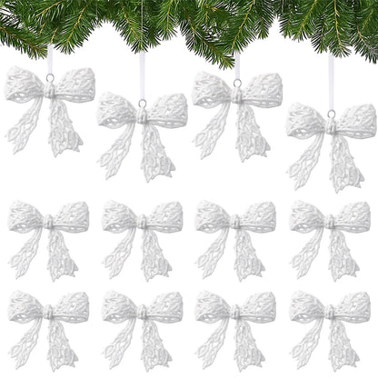 Thyle 12 Pcs Glitter Christmas Bow Ornaments for Christmas Tree Decorations 3.94'' White Shiny Wreath Bows Pendant Xmas Tree Hanging Ornaments for Holiday Winter Home New Year Party Decorations
