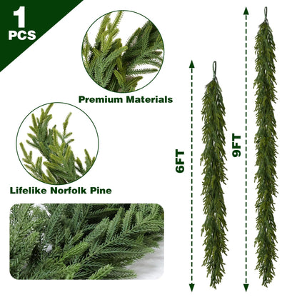6FT Christmas Garland Norfolk Pine Garland Real Touch Faux Greenery Cedar Garlands for Mantle,Table,Wall,Christmas Decorations Indoor Outdoor