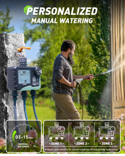 RAINPOINT Sprinkler Timer 3 Zone, Programmable Water Timer for Watering with Automatic/Manual/Rain Delay/Watering Mode, IP65 Waterproof, Large LCD