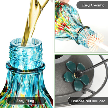 Tegarbed Hand Blown Glass Hummingbird Feeders for Outdoors Hanging, 24oz Wild Bird Nectar Feeder with Ant Moat and Perch, Bee-Resistant Ports, Garden Decor, Gifts for Women Mom, 1 Pack, Blue Phoenix
