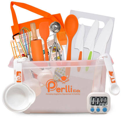 PERLLI Kids Real Cooking Set for Cooking and Baking – 31 Pc. Gift for Junior Chef with Real Utensils, Case & Safe Kids Knife Set for Boys & Girls – Fine Motor Skills & Fun for Children Ages 6+, Orange