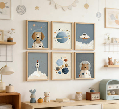 Puncland Cute Space Nursery Wall Art Funny Planet Rocketship and Astronaut Poster Cute Animals Decor Pictures Whimsical Adventure Nursery Painting Print Artwork for Nursery and Kids Bedroom Unframed