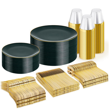 WDF 300Pcs Green Plates Disposable - Heavy Duty Green Plates - 50Guest Green Plastic Dinnerware Include 50 Dinner Plate, 50 Dessert Plate, 150 Cutlery & 50 9oz Cups for Parties/Wedding/Party