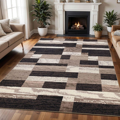 Superior Indoor Area Rug, Plush Carpet Cover, for Kids or Pets, Hallway, Entryway, Living Room, Dining, Bedroom, Office, Kitchen, Modern Geometric Patchwork, Rockwood Collection, 12' x 18', Chocolate