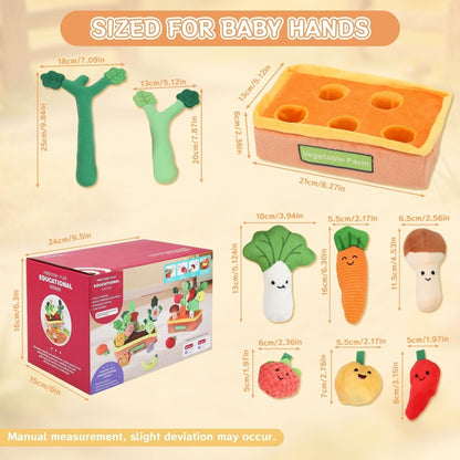 Baby Sensory Toys Plush Fruits and Vegetables, Plush Farm Developmental Toys 6-12 Months for Toddlers with Crinkle Rattle Squeaker Textures, 9 PCS Pull Out Fine Motor Skill Toddler Learning Toys