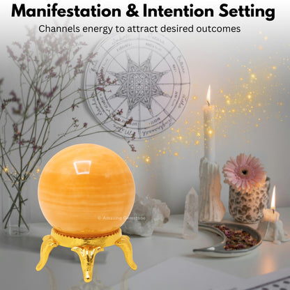 Amazing Gemstone Yellow Calcite Banded Crystal Ball with Stand - 2 Inches Crystal Sphere Meditation Balls for Witchcraft and Decorative Balls