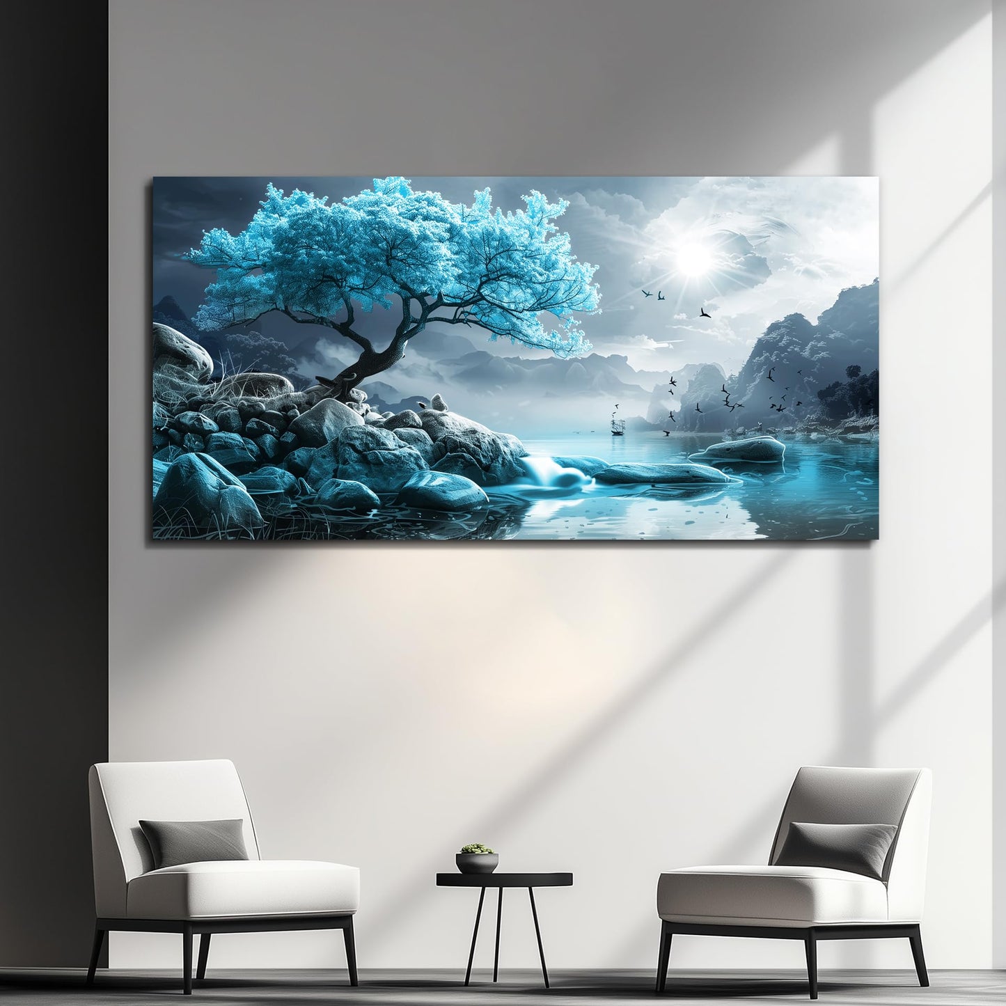 KELIYUAN Large Wall Art For Living Room Canvas Wall Decor Bedroom Blue Tree Landscape Wall Paintings Black And White Pictures Office Mural Framed Prints Artwork Modern Home Decorations 30x60in
