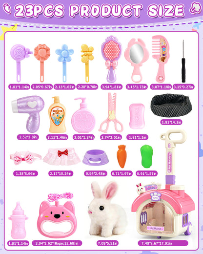 23Pcs Hopping Bunny Toy Set for Kids, Interactive Electric Walking Rabbit with Rolling Carrier House, Pretend Play Pet Care Grooming & Feeding Kit, Stuffed Animal Gift for Toddlers 3-5