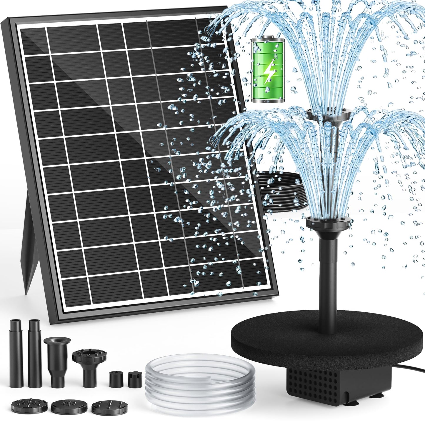 PONDIA Solar Fountain Pump with Battery Backup, 7.5W Solar Water Pump Built-in 3000mAh Battery, Dual-Layer Nozzles 7+ Spray Modes & 5Ft PVC Tubing, Pond Fountain for Bird Bath Garden Water Feature