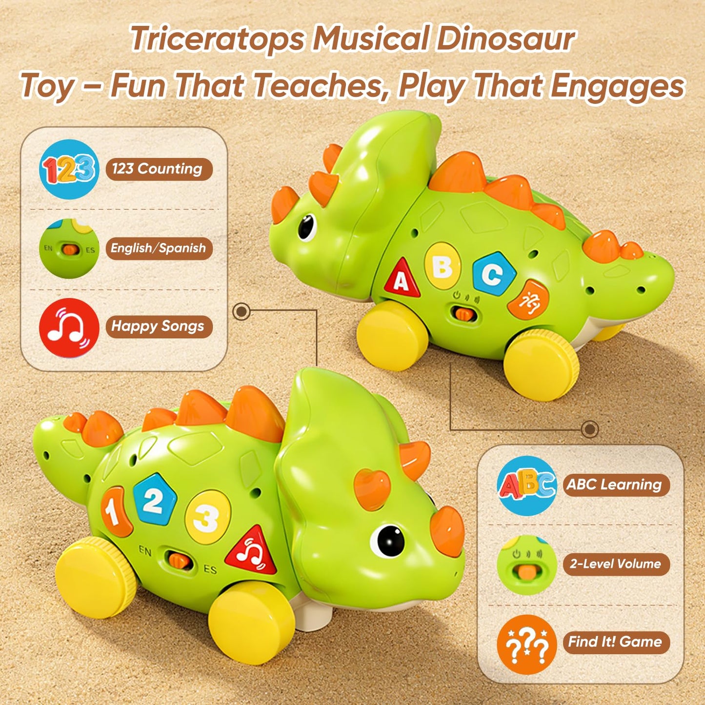 Seozio Dinosaur Baby Musical Toys, Dinosaur Tummy Time Toy with Musical for Kids, Early Learning Educational Crawling Toys Gifts for Toddlers Ages 1-3.