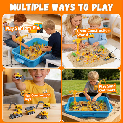 BlingCnsy Construction Sensory Bin with Lid, 2.2lbs Magic Sand & 5 Construction Trucks, Sensory Sand Kit Construction Toys for 3 4 5 6 7 8+ Year Old Boys Toddlers Christmas Birthday Gift