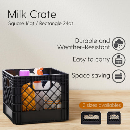 Plastic Milk Crate Storage Tote with Handles, 16-Quart Stackable Cube Organizer for Garage, Home, and Office, Made in the USA, 13" x 13" x 11" (1-Pack) - Black