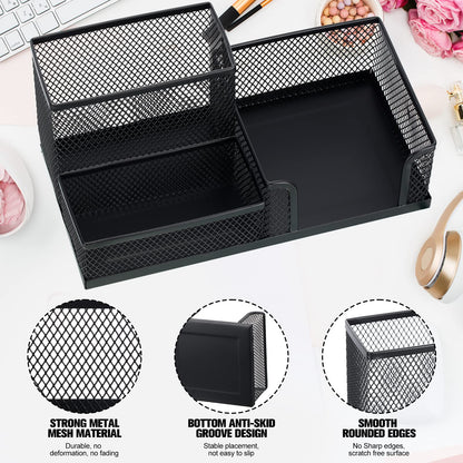 Ferraycle 4 Pcs Mesh Desk Organizer 3 Compartments Mesh Pen Holder Sticky Notes Pencil Holder Metal Caddy Desk Pen Organizer for Desktop Accessories Storage Baskets Home Office School(Black)
