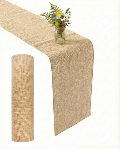 Burlap Table Runner 12×108 Inch – Rustic Jute Fabric Roll with No-Fray Edges – Natural Farmhouse & Wedding Table Décor – Eco-Friendly Hessian Cloth for Parties & DIY Crafts