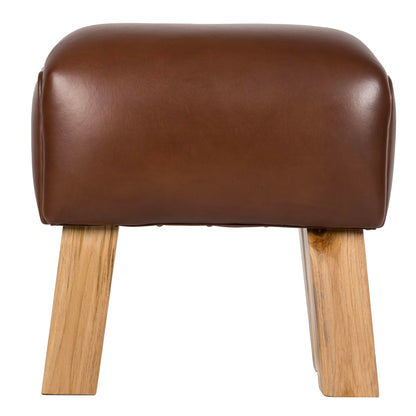 Bare Decor Gorgie Accent Stool in Brown Genuine Leather with Teak Legs Small