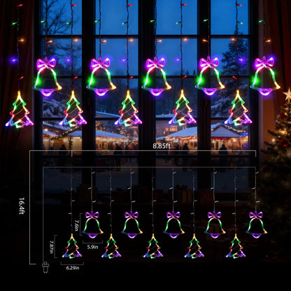 NWLIGHT Christmas Window Lights 140LED, 9ft Christmas Curtain Lights with Tree Bell 8 Modes Xmas String Lights Decorations for Bedroom Wall Window Indoor Outdoor Party Decor