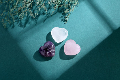 QINJIEJIE 1.2" Large Heart Crystals Rose Quartz Amethyst Healing Clear Crystal Heart Shape Love Stones Gemstones Stone Stocking Stuffers Polished Thumb Gemstones Therapy Energy Balancing Gifts 3 Pcs