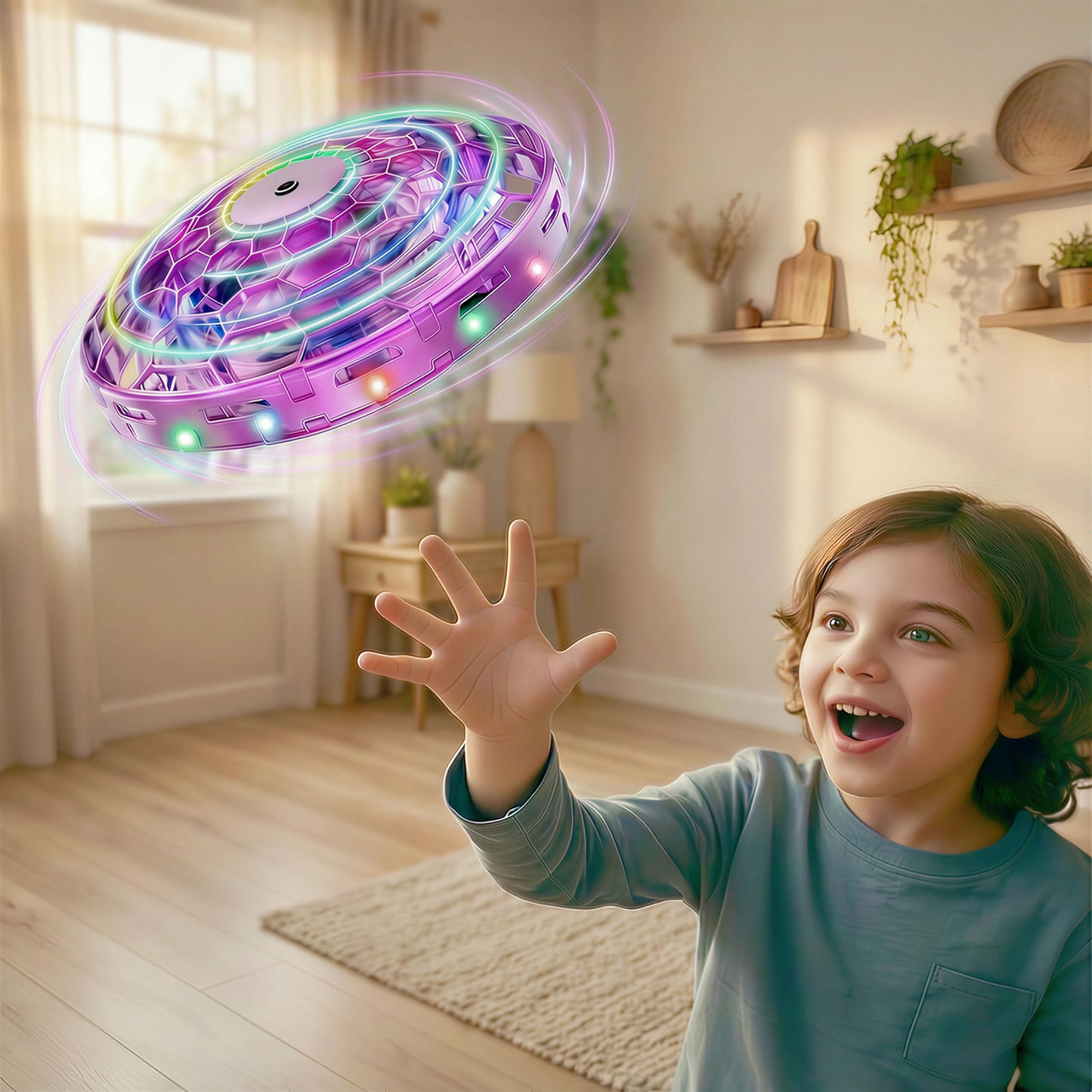 TSM005 Mini Drone for Kids,Hand Operated UFO Toy,Flip Stunt Hover Toy with LED,Easy Indoor Outdoor Flying Toys,Rechargeable UFO Drone for Kids 6-8-12,Cool Christmas Birthday Gifts for Boys Girls (Purple)