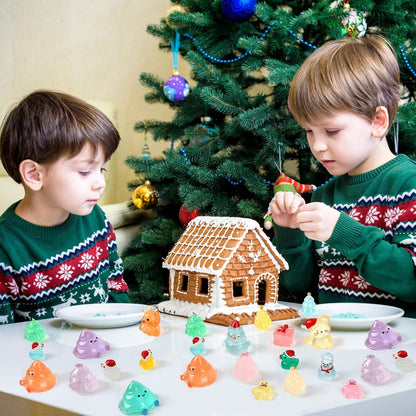 Jansun Mini Christmas Luminous Figurines, 45pcs Christmas Resin Snowman Christmas Tree Gift Box Gingerbread Man Glow in The Dark Decorations for DIY Crafts Xmas Party Gifts Garden Dollhouse Decor
