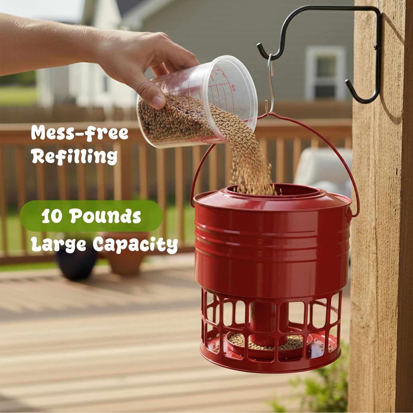 KOL Large Bird Feeder for Outdoors, 10LB Capacity Squirrel Proof Metal Feeder with 32 Feeding Ports & 3 Perches, Easy-Clean Hanging Birdfeeder for Cardinals, Bluebirds, Finches (Red)