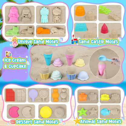 EULRGAUS Beach Toys, 36 PCS Sand Toys with Construction Vehicles, Collapsible Bucket, Princess & Prince and Ice Cream Toys, Sand Castle Building Kit, Beach Shovel, Beach Games for Kids, Boys and Girls