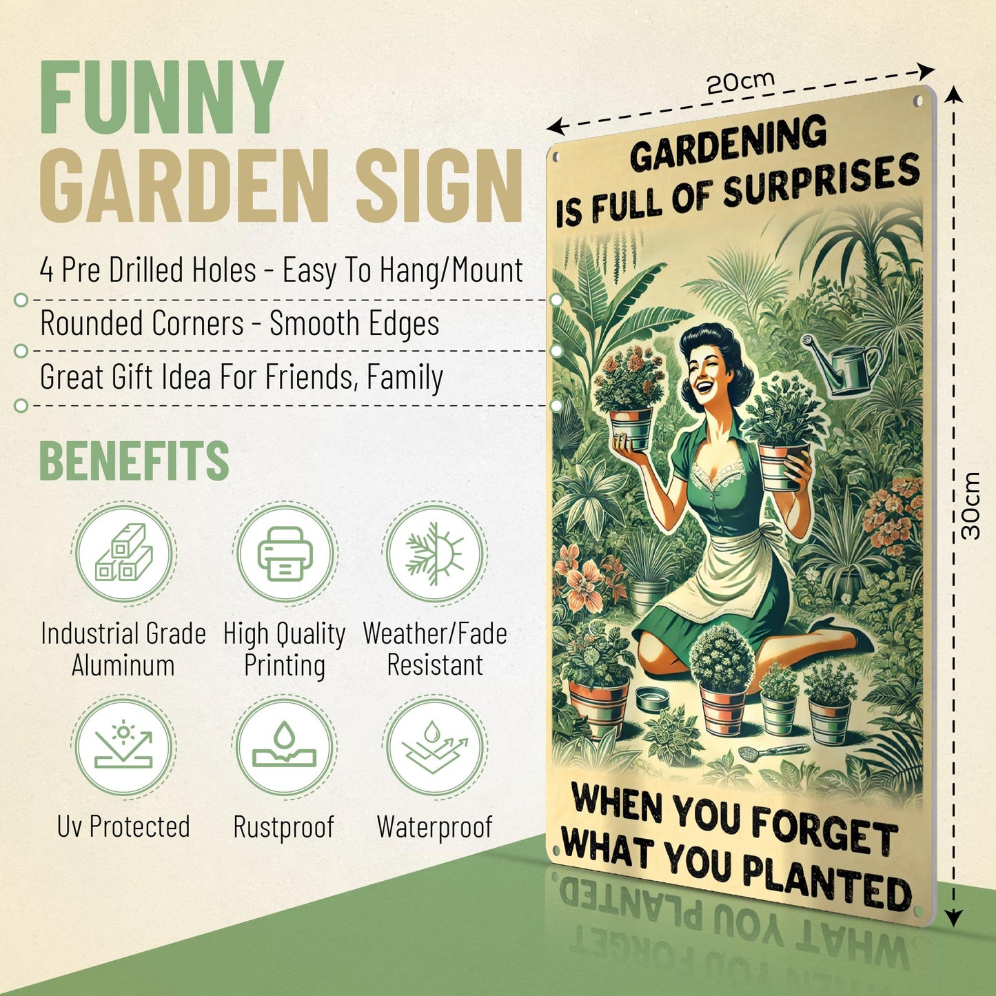 Funny Garden Decor Sign – Gardening Gifts for Women, Garden Decor Aluminum Outdoor Sign, Gardening Is Full of Surprises, Yard & Patio Gifts for Plant Lovers & Gardeners 12" x 8"