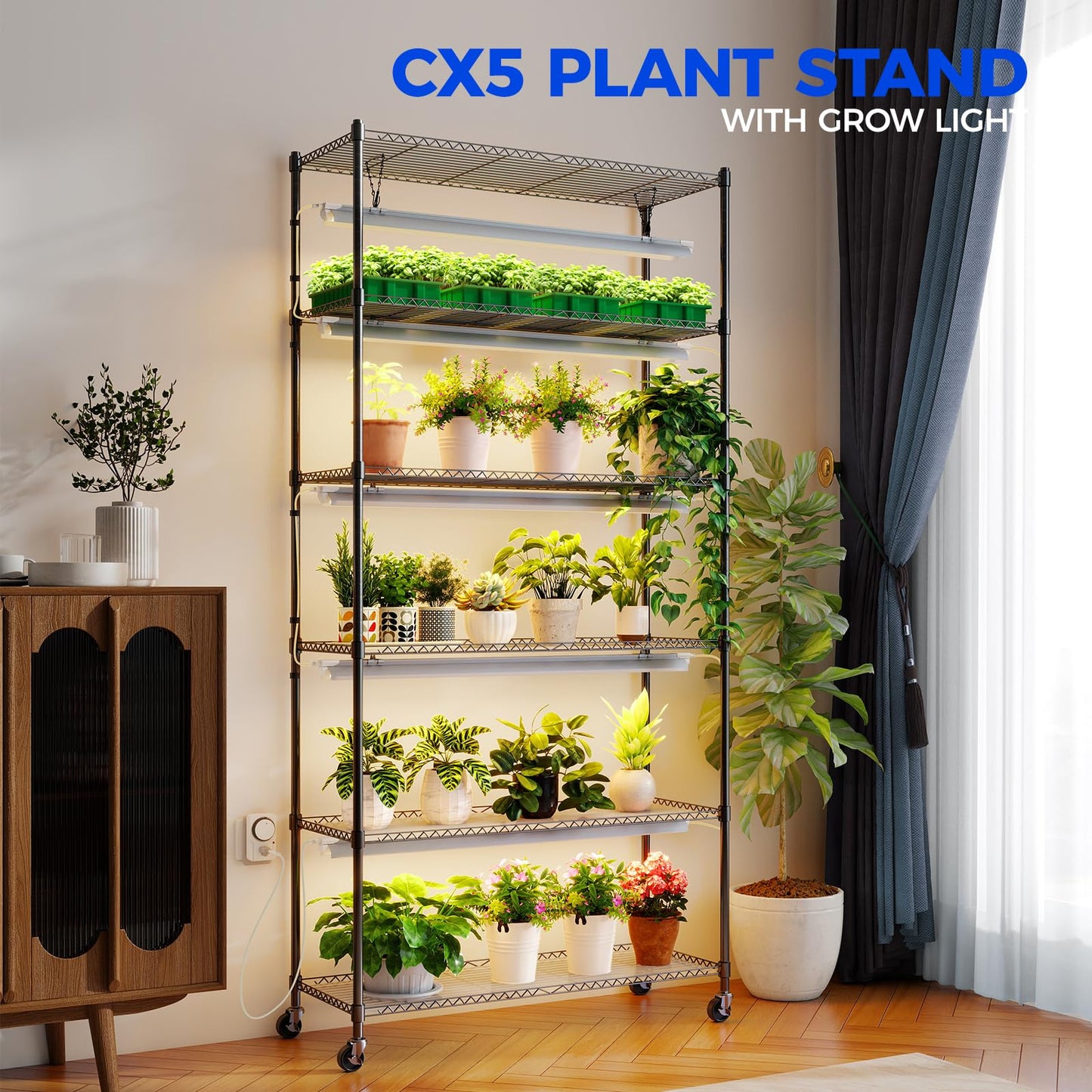 CX6 Plant Stand with Grow Lights, 3FT T8 30W(Per Light) Full Spectrum Yellow LED Plant Lights, Indoor Plant Shelf for Multiple Plants with On/Off Timer Socket, 6-Tier 35.4"x13.8"x70.9"