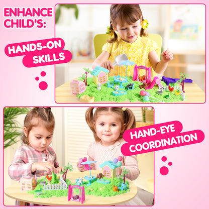 Billeeit Pet Sensory Bin Sand Toy with 2.2lbs Green Moldable Sand, Dog ＆ Cat Play Sand Kit for Boys and Girls Including 28pcs Accessories Total, Sand Box Toys Gift for Kids 3+ Indoor Creativity