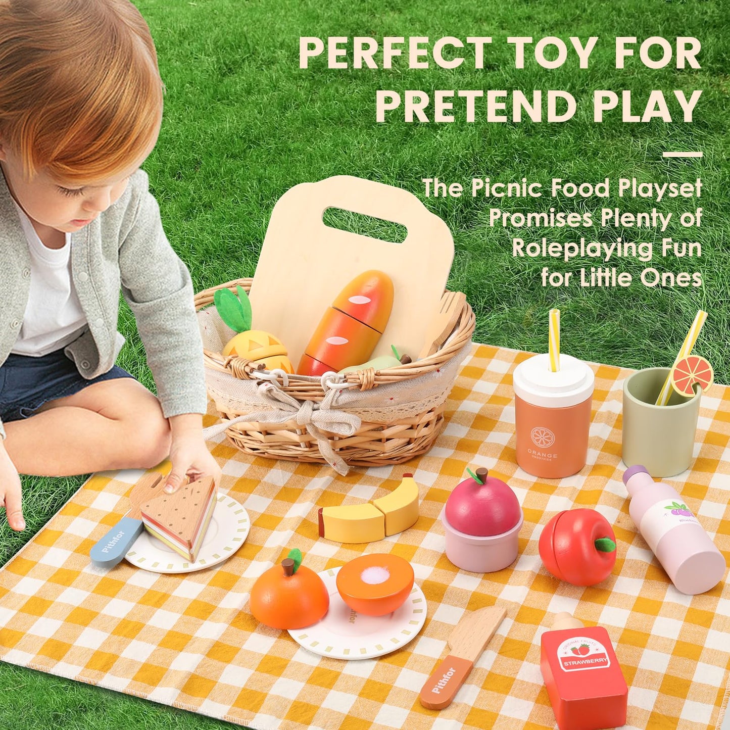 Pithfor Picnic Playset, Wooden Play Food Set for Kids Kitchen, Cutting Pretend Play Kitchen Food Toy for Toddlers Girls Boys 3 4 5 Years Old