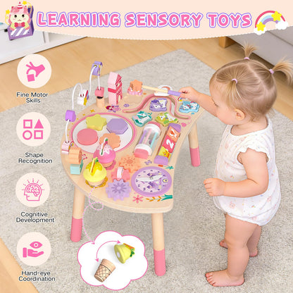 Hewaurorion Wooden Activity Table for Toddlers 1-3, Unicorn 10-in-1 Montessori Busy Board with Bead Maze Shape Matching Gears Clock, Sensory Learning Toys for 1 2 3 Year Old Girls Boys Birthday Gift