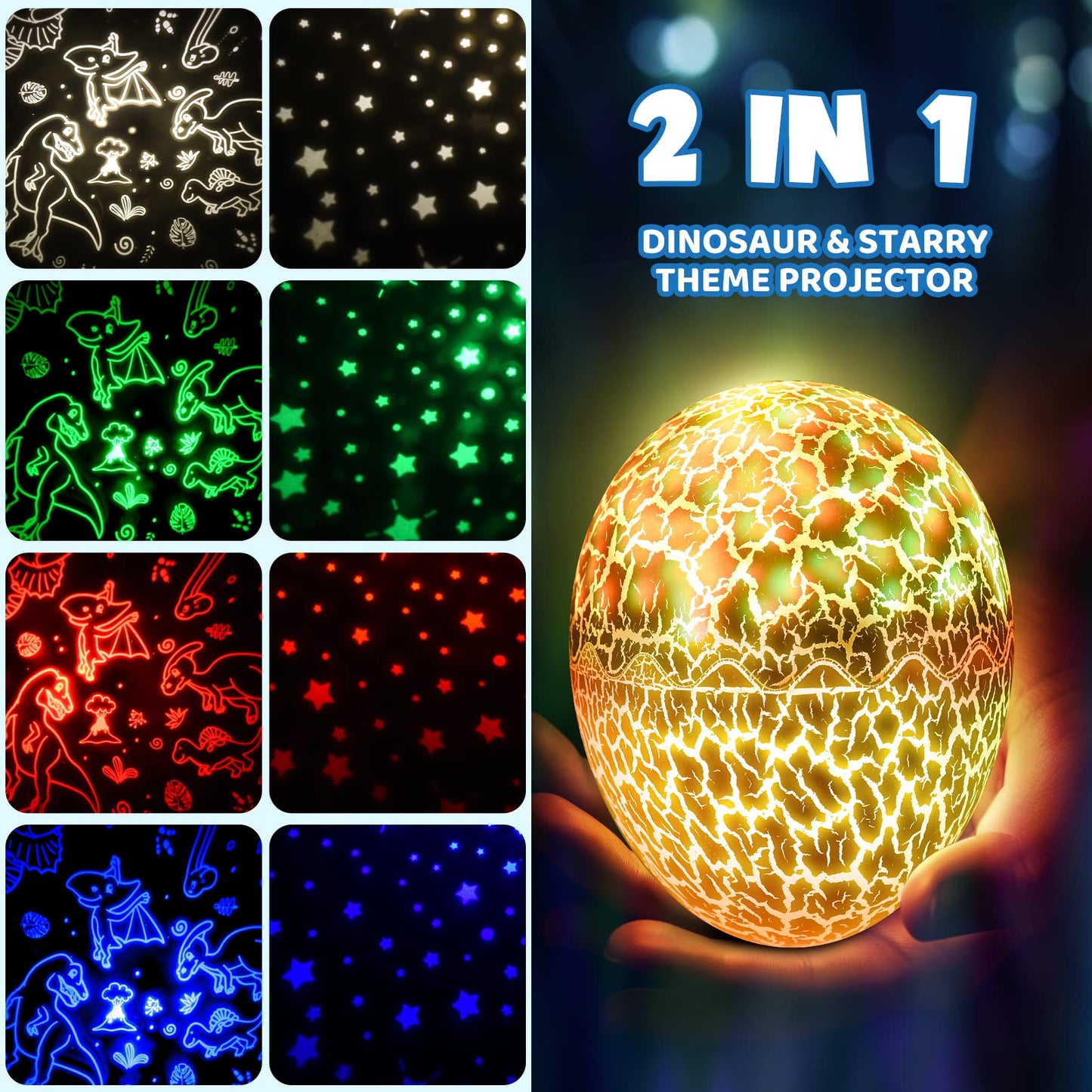 Dinosaur Toys for Kids Age 3-12 : Dinosaurs Egg Night Light Gifts for Boys 3 4 5 6 7 8 9 Year Old 2-in-1 Dino & Star Projector with 360° Rotation Timer for Boy Ages 3-5 Birthday Gift Decor