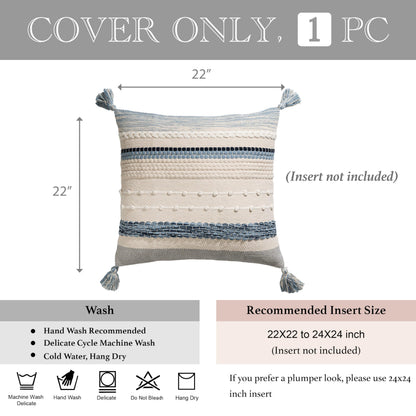 BlissBlush Coastal Blue Boho Decorative Throw Pillow Cover 22x22 Modern Bohemian Accent Pillow Case Square Woven Textured Farmhouse Pillows for Couch Bed (Pack of 1)
