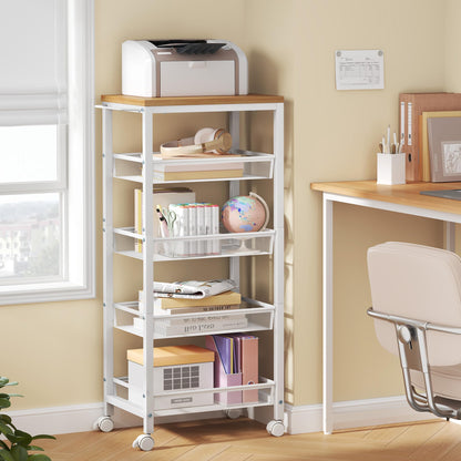 Hoctieon Rolling Storage Cart, 5-Tier 11.8" Wide Rolling Kitchen Storage Cart, Utility Cart with Handle & Wheels, Mobile Shelving Unit, Metal Frame Narrow Cart for Home Kitchen, Laundry, Oak Beige