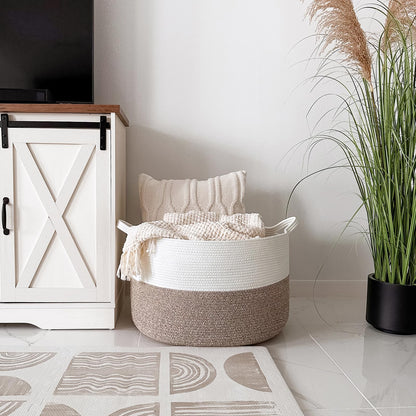 INDRESSME XXXLarge Blanket Basket for Living Room 21.7" x 21.7" x 13.8"-Storage Basket with Handle for Organizing Toy Pillows Woven Cotton Rope Laundry Basket Stuffed Animal Toy Storage for Play Room