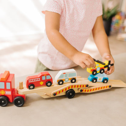 Melissa & Doug Emergency Vehicle Carrier Wooden Truck with 4 Rescue Vehicles