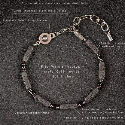 Casvia Handmade Obsidian Hematite Bracelet for Men, Stainless Steel Beaded Bracelet, Adjustable & Easy Wear, Chakra Protection Jewelry Gift for Father, Boyfriend, Husband