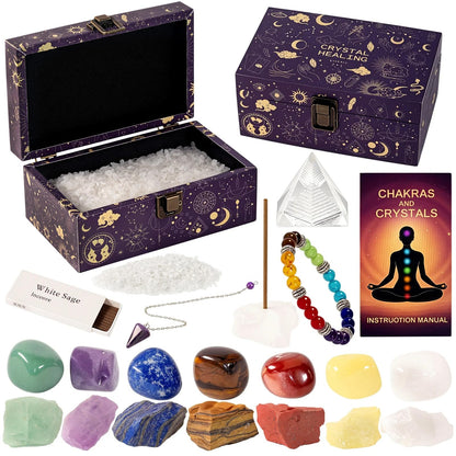 20Pcs Crystals and Healing Stones Set - 14Pcs Chakra Stones,Spirit Pendulum,Crystal Pyramid,300gCrystal Chips,Hand Bell,Gift Box,Instruction Guide - Gifts for Women (22 pcs)