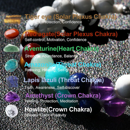 COLORFEY Real Crystal Bracelets for Men Women Healing 7 Chakra Crystal Tiger Eye Red Agate Aventurine Amazonite Lapis Lazuli Amethyst Howlite Stone Beads Bracelet Handmade Lucky Bracelet 2Row