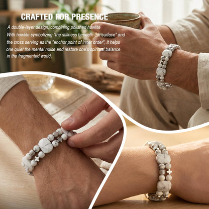 Christian Gifts for Men, Jesus Cross Bracelet for Men Handmade Double Elastic Beaded Bracelets Natural Crystal Gemstone Religious Jewelry for Boyfriend Husband Birthday Anniversary (Howlite)