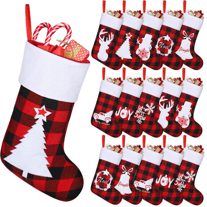 Aodaer 16 Pack Felt Christmas Stockings 18 Inches Red Black Buffalo Plaid Xmas Fireplace Hanging Stockings with Santa Snowman Reindeer Pattern Holiday Hanging Decorations for Christmas Party Favors