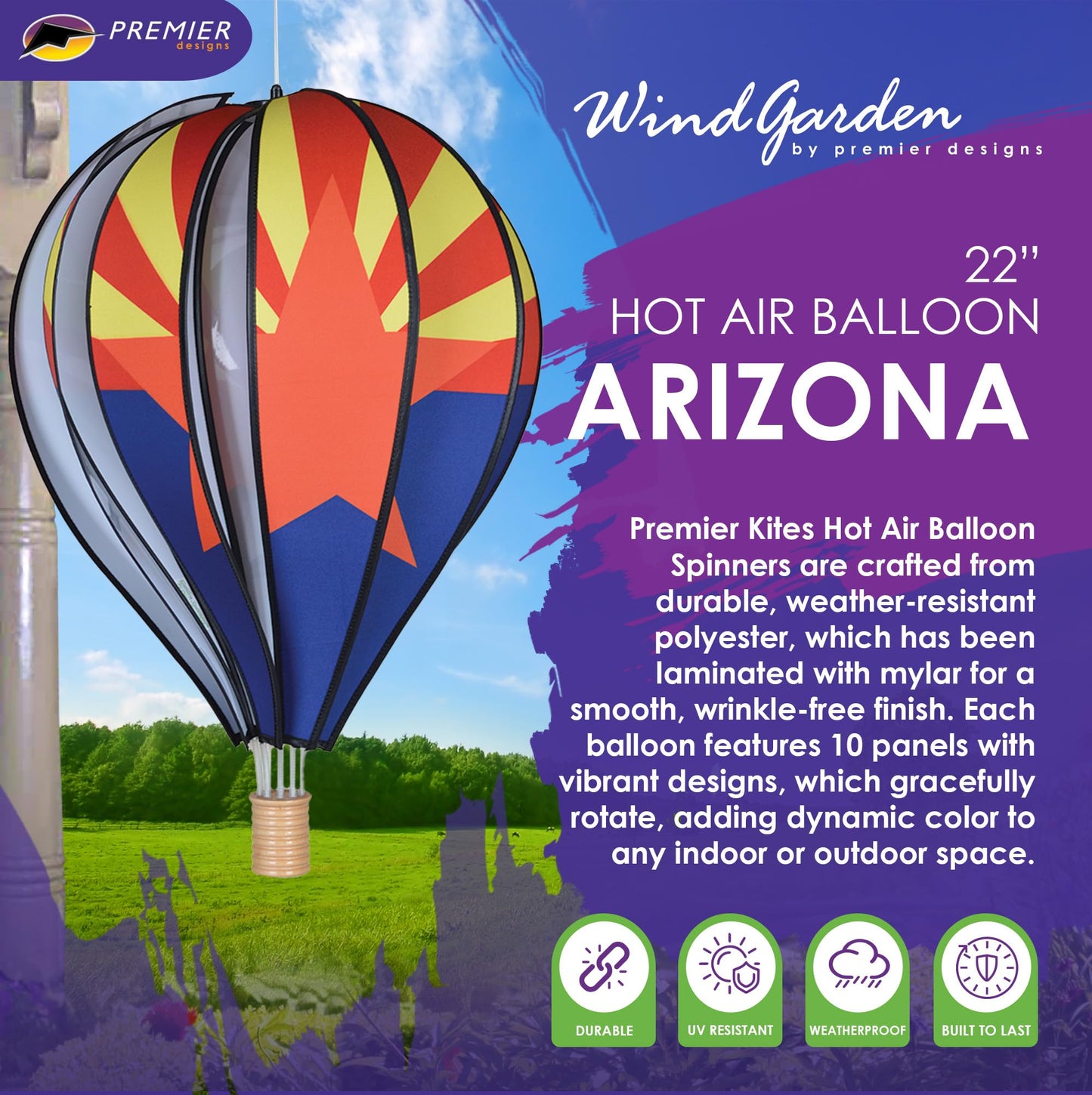 Hot Air Balloon Hanging Garden Spinner 22" - Vibrant Arizona Design, Weather-Resistant Outdoor Decor, Durable & Lightweight for Patios, Yards, and Gardens - Eye-Catching Wind Spinner