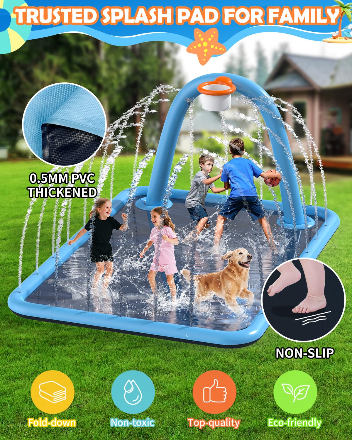 Octaplay Splash Pad for Kids & Dogs, Large Sprinkler Pad Water Toys with Basketball Hoop, Thickened Non-Slip Splash Mat, Foldable Play Pool & Outdoor Summer Toys Ages 4-12 (102" Splash Pad)
