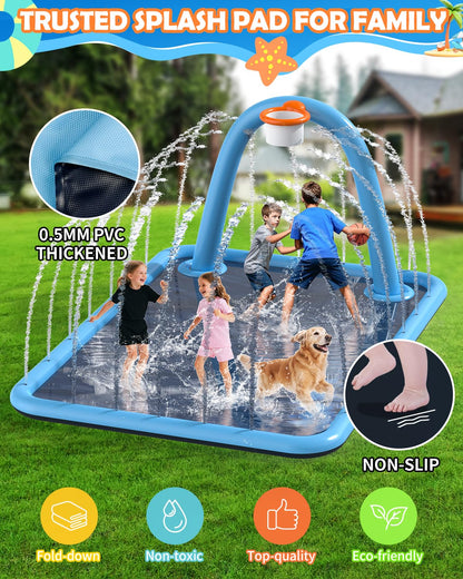 Octaplay Splash Pad for Kids & Dogs, Large Sprinkler Pad Water Toys with Basketball Hoop, Thickened Non-Slip Splash Mat, Foldable Play Pool & Outdoor Summer Toys Ages 4-12 (102" Splash Pad)