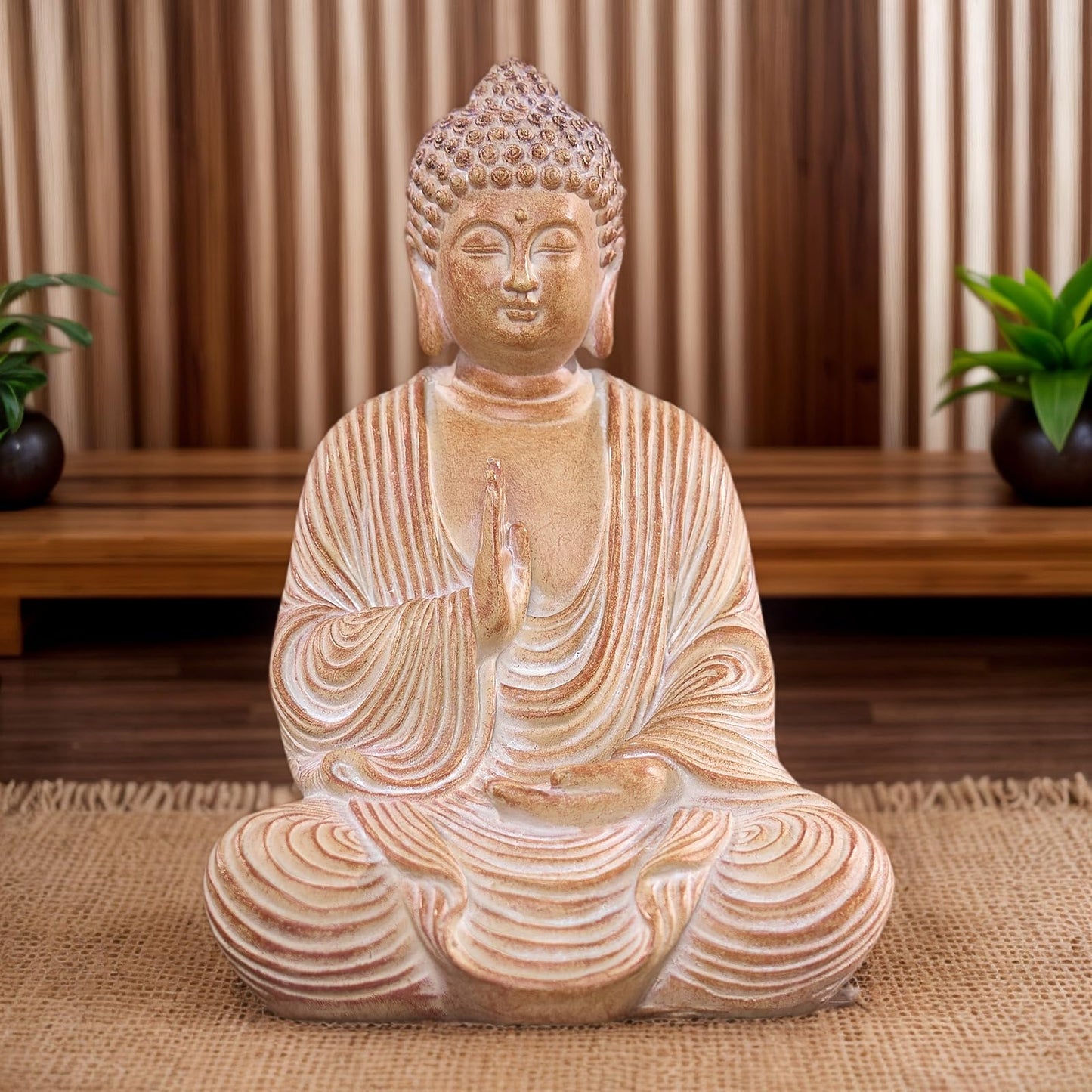Swaite Zen Buddha Statue - Hand Carved Wood Grain Resin Meditation Decor, Feng Shui Ornament for Living Room Desk, Spiritual Space Zen Garden Decoration (Housewarming Gift/Mindfulness Aid, 7.87inch)