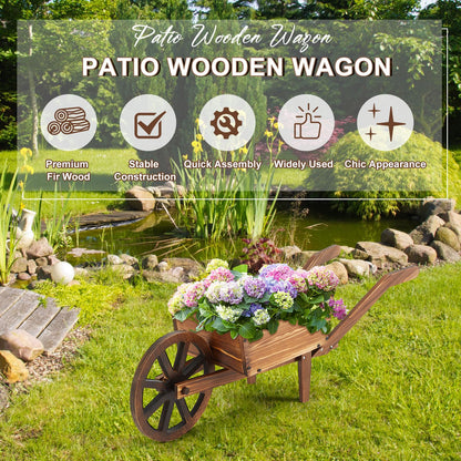 Beeveer Wooden Wagon Flower Planter Cart Garden Planter Box with Wagon Wheels Cart for Home Garden Outdoor Balcony Decorative, Patio Flowers Herbs Vegetables, Brown(Rustic)