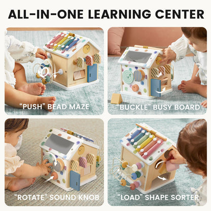 Tiny Land 9-in-1 Wooden Activity Cube, Montessori Baby Activity Center for 1+ Year Old, Educational Toy for Toddlers, Ideal Gift for Boys and Girls (Morandi)