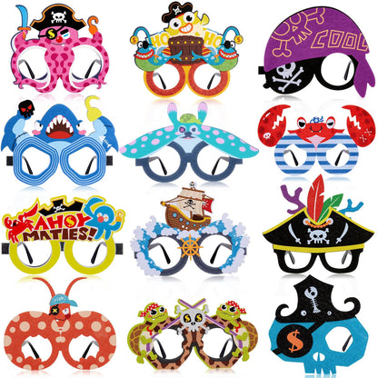 Winrayk 12 Pack Reusable Pirate Felt Glasses Bulk, Pirate Party Decorations & Party Favors, Kids Adults Summer Beach Birthday Holiday Daily Eyeglasses Photo Booth Props Halloween Cosplay Accessories