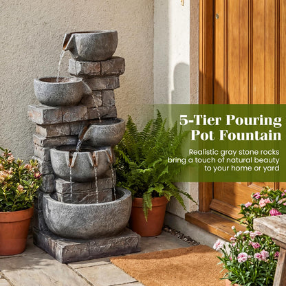 Giantex 33'' Water Fountain Outdoor, 5-Tier Cascading Stacked Stone Bowl Waterfall Fountain with LED Lights & Pump, Outside Water Feature for Patio, Balcony, Deck, Garden, Yard Decor