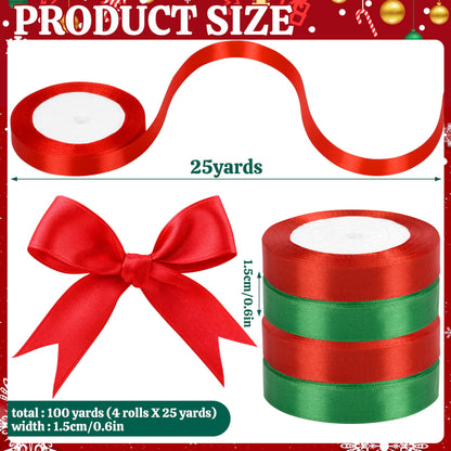 Hoplito 4 Rolls 15mm Wide Christmas Ribbons Total 100 Yards Holiday Satin Ribbons Fabric for DIY Craft Gift Wrapping and Christmas Party Festival Decorations, Red & Green
