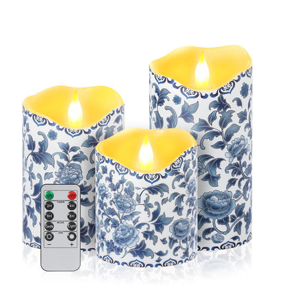 Lebaley 3PCS Chinoiserie Flameless Candles – Blue and White Porcelain Candles with Remote,Floral Battery Operated LED Candles,Blue Pillar Candles Chinoiserie Decor for Home Weddings Party Festivals
